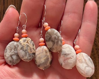 Crazy Lace Agate Oval Bead Sterling Silver Dangle Earrings or Necklace