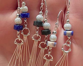 Sodalite and Sparkle Bead Sterling Silver Dangle Earrings