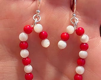Green Aventurine Red Coral and Mother of Pearl Candy Cane Snowflake OR Star Sterling Silver Dangle Earrings