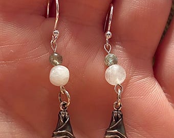 Moonstone Labradorite Hanging Bat Charm Sterling Silver Dangle Earrings or Necklace