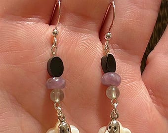 Floral Shell, Amethyst, Black Spinel, Fluorite, and Ghost Charm Sterling Silver Dangle Earrings