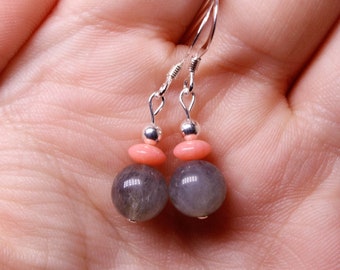 Labradorite and Pink Coral Sterling Silver Dangle Earrings