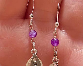 Prehnite and Amethyst Ouija Planchette Sterling Silver Dangle Earrings