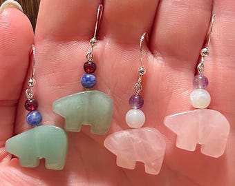Green Aventurine OR Rose Quartz Zuni Bear Sterling Silver Dangle Earrings