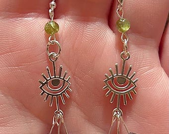 Peridot and Garnet Eyedrop Charm Sterling Silver Dangle Earrings