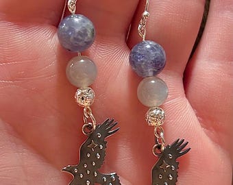 Iolite Raven Charm Sterling Silver Dangle Earrings