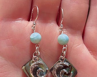 Larimar and Abalone Wave Charm Sterling Silver Dangle Earrings