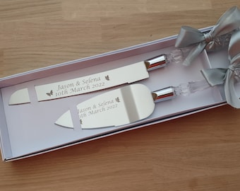 Personalised Wedding Cake Server Set. Nikah Nikkah Mubarak. Personalised with your own message, names & date. Choice of designs and ribbon.