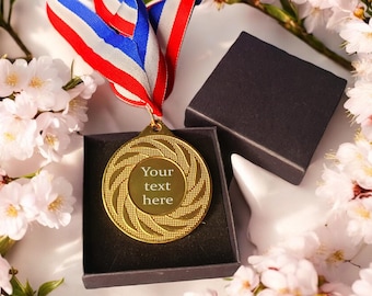 Personalised Engraved Gold Coloured Medal, Metal Weighted, with/without Gift Box. Your Custom Text on Front & Back available Present