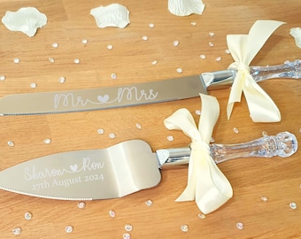 Personalised Engraved Cake Server Set with Your Choice of Ribbon Colour. Weddings Birthday Christening Baptism Anniversary Engagement Gift.