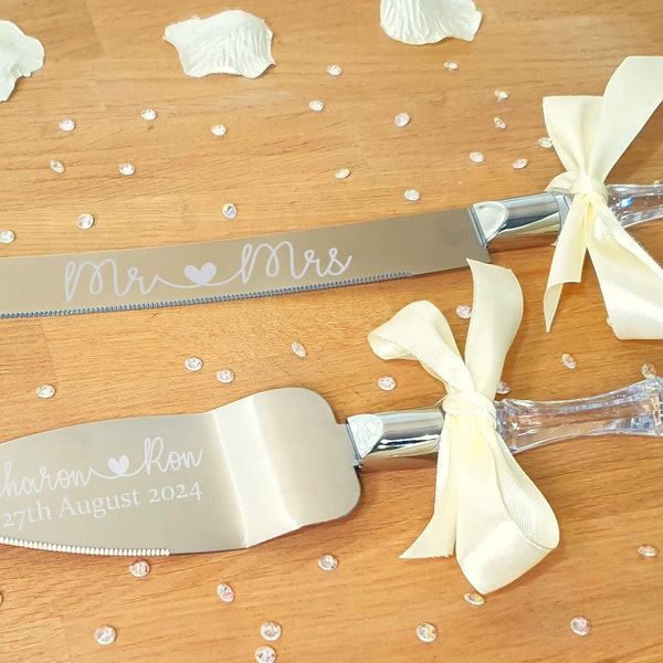 Personalised Engraved Cake Server Set with Your Choice of Ribbon Colour. Weddings Birthday Christening Baptism Anniversary Engagement Gift.