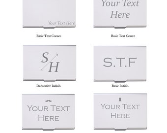 Personalised Business Card holder. Aluminium. Silver colour. Great gift. Matt finish. Any Business name. 6 styles to choose from. Engraved