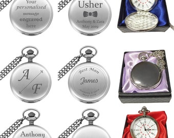 Personalised Engraved Silver Metal Pocket Watch Usher Groom Best Man Wedding Birthday Present in Gift Box