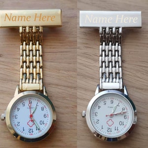 Engraved metal fob watch in black, gold, silver or rose gold. Nurses, doctors, carers watch. Add own text to front, back or presentation box