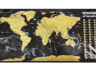 Large Black and Gold Scratchable World Map with Free Fabric Map of Europe. Includes Stickers, Scratcher & Pin Points. Wonders of World