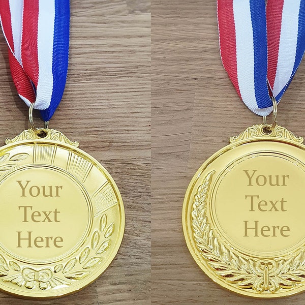 Personalised engraved Gold coloured metal medal with your own wording/message. Add text to the back of the medal. Comes with lanyard. Winner