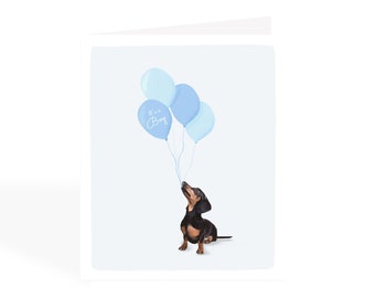 Tarjeta de felicitación "Es un niño" con globos azules / Tarjeta de felicitación para baby shower / Tarjeta en blanco ilustrada a mano
