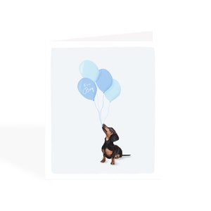 Teckel It's a Boy-wenskaart met blauwe ballonnen | Gefeliciteerd kaart babyshower | Handgemaakte geïllustreerde blanco kaart