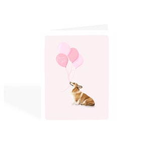 C'est une fille Corgi avec des ballons roses | Carte de félicitations pour baby shower | Carte vierge illustrée faite main
