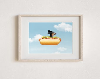 Mini Dachshund Hot Dog Art Print - Flying in the Clouds,  Cute Dog Wall Art, Funny Dog Lover Wall Decor