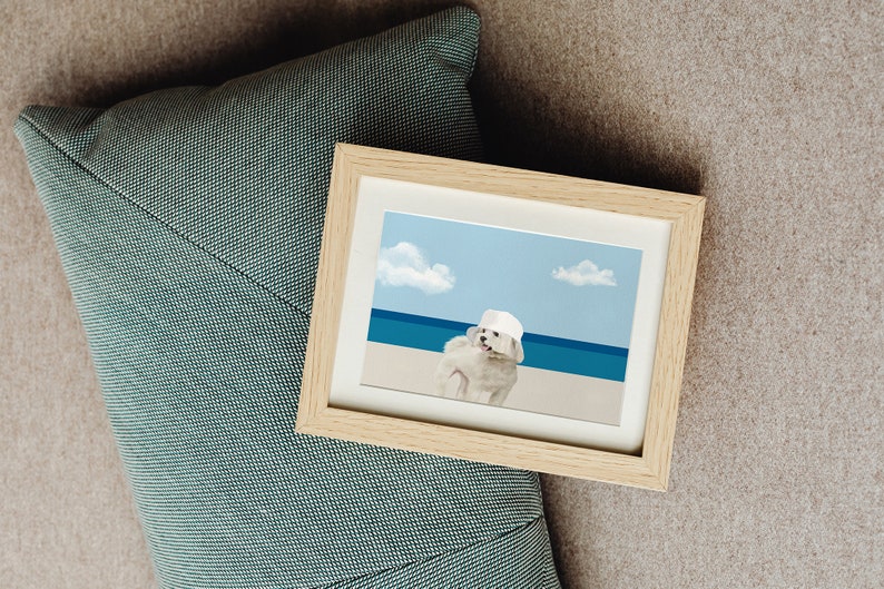 Coastal Dog Art Print, Coastal Grandmother Chic, Ocean Horizon Minimalist Decor, Cute Dog Wall Art, Blue Beach Poster, Summer Beach, Maltese image 3