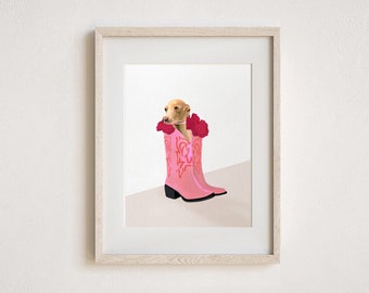 Puppy in Pink Cowgirl Boots with Red Roses Art Print- Wall Decor, Dog Lover Gift, Boho Home Decor