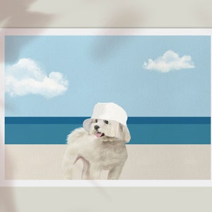 Coastal Dog Art Print, Coastal Grandmother Chic, Ocean Horizon Minimalist Decor, Cute Dog Wall Art, Blue Beach Poster, Summer Beach, Maltese image 2