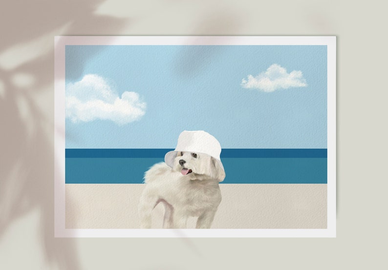 Coastal Dog Art Print, Coastal Grandmother Chic, Ocean Horizon Minimalist Decor, Cute Dog Wall Art, Blue Beach Poster, Summer Beach, Maltese image 2