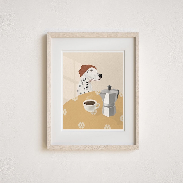 Dalmatian Dog with a Cup of Coffee Kitchen Art Print | Modern Illustration | Home Decor | Coffee Lover Gift