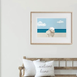 Coastal Dog Art Print, Coastal Grandmother Chic, Ocean Horizon Minimalist Decor, Cute Dog Wall Art, Blue Beach Poster, Summer Beach, Maltese image 4