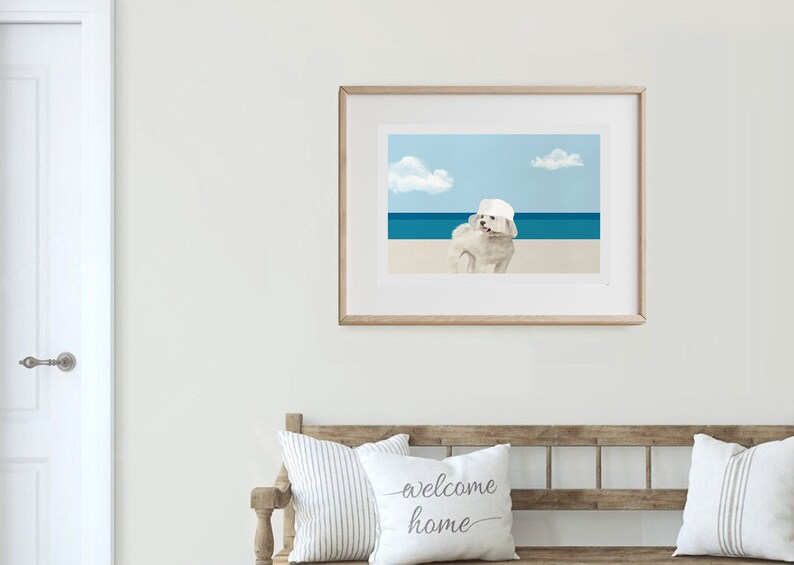 Coastal Dog Art Print, Coastal Grandmother Chic, Ocean Horizon Minimalist Decor, Cute Dog Wall Art, Blue Beach Poster, Summer Beach, Maltese image 4