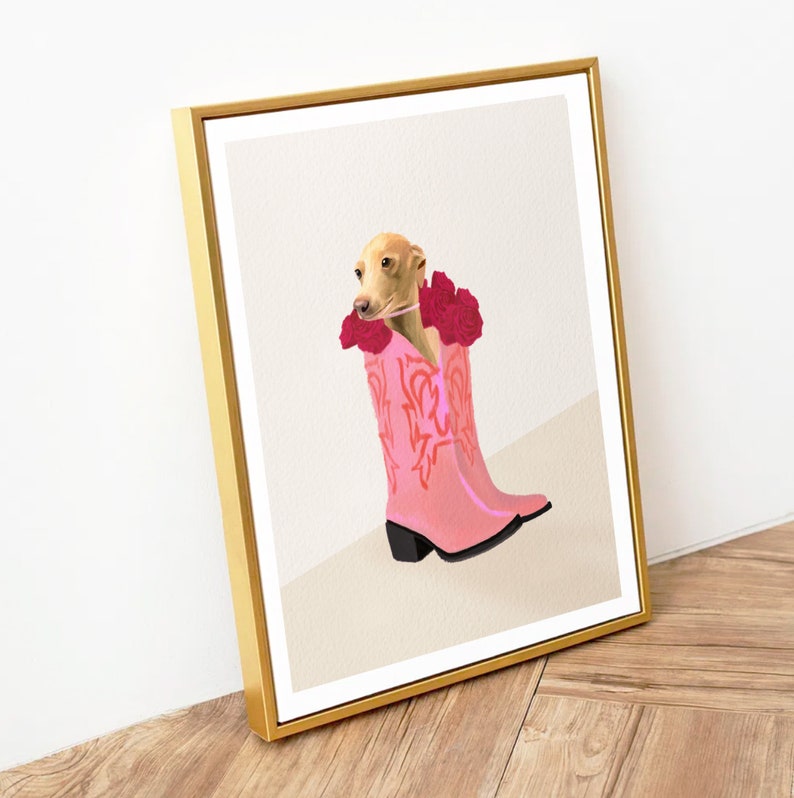 Welpe in rosa Cowgirl Stiefel mit roten Rosen Art Print Wand-Dekor, Hundeliebhaber Geschenk, Boho Home Decor Bild 5