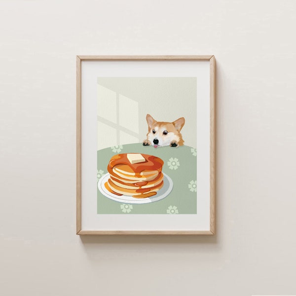 Corgi Pancakes Art Print, Cute Dog Wall Art, Pancake Illustration, Funny Dog Print, Kitchen Decor