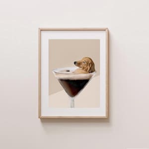 Espresso Martini Dog Art Print – Zabawna dekoracja ścienna Golden Retriever, prezent dla miłośnika kawy, sztuka kuchenna, dekoracja baru