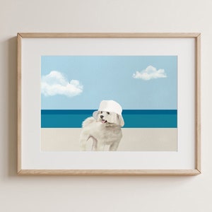 Coastal Dog Art Print, Coastal Grandmother Chic, Ocean Horizon Minimalist Decor, Cute Dog Wall Art, Blue Beach Poster, Summer Beach, Maltese image 1