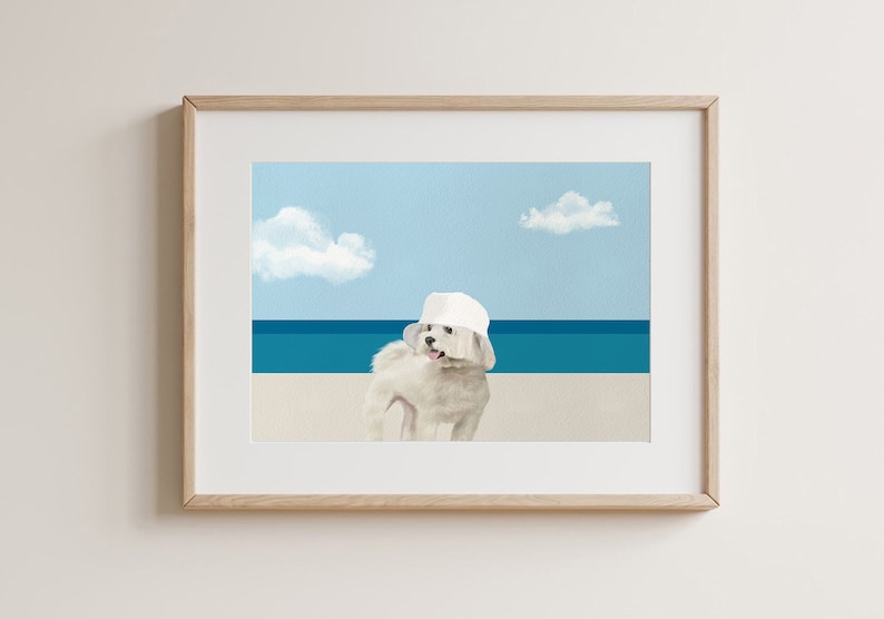 Coastal Dog Art Print, Coastal Grandmother Chic, Ocean Horizon Minimalist Decor, Cute Dog Wall Art, Blue Beach Poster, Summer Beach, Maltese image 1