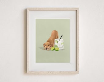 Lámina artística de gin tonic de labrador: divertida decoración para carrito de bar con perros