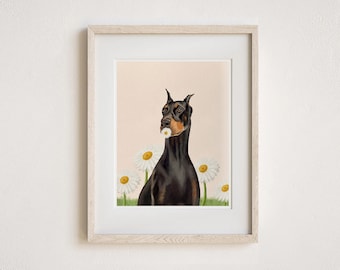 Gänseblümchen Dobermann Kunstdruck, niedliche Hunde Wandkunst, florale Illustration, Hunde mit Blumen, Hundeliebhaber Geschenk, neutrales Wohndekor