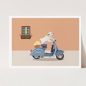 Dog On Vespa Art Print, Travel Art Print, Labrador Puppy, Cute Dog Poster,  Pastel Room Decor, Italy Print,