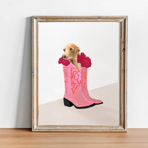 Welpe in rosa Cowgirl Stiefel mit roten Rosen Art Print Wand-Dekor, Hundeliebhaber Geschenk, Boho Home Decor Bild 6