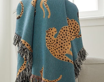 Cheetah Woven Blanket, Jungle Blanket,  100% Cotton Jacquard Blanket, Wild Cat Throw Blanket, Exotic Woven Tapestry, Jungle Animal Bedspread
