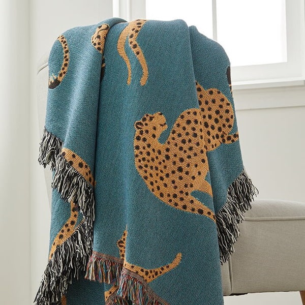 Cheetah Woven Blanket, Jungle Blanket,  100% Cotton Jacquard Blanket, Wild Cat Throw Blanket, Exotic Woven Tapestry, Jungle Animal Bedspread