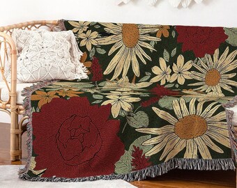 Vintage Floral Woven Blanket, Rustic Roses and Daisies Themed Tapestry, Farmhouse Pure Cotton Jacquard Blanket, Summer Red & Green Bedding