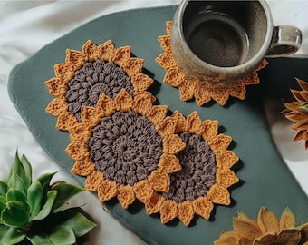 Patrón de crochet para posavasos de girasol - Posavasos de flores de crochet - Posavasos de café de crochet - Girasol fácil de crochet - Patrón de girasol de crochet