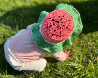 CROCHET PATTERN - 4 Sizes - Baby/Kids/Adult Crochet Watermelon Bucket Hat Pattern - Kids Crochet Hat Pattern - Watermelon Fruit Bucket Hat