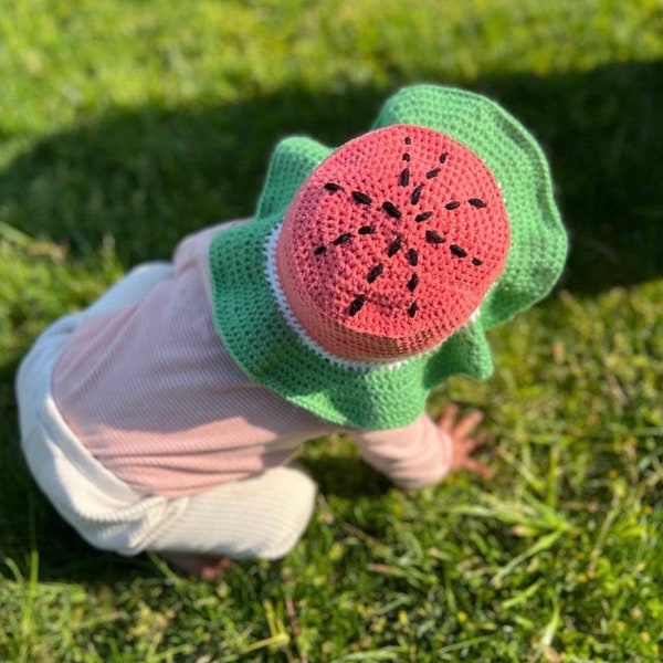 CROCHET PATTERN - 4 Sizes - Baby/Kids/Adult Crochet Watermelon Bucket Hat Pattern - Kids Crochet Hat Pattern - Watermelon Fruit Bucket Hat