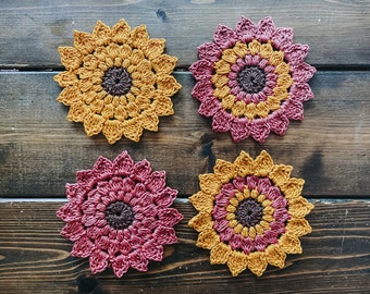 Patrón de girasol a crochet - Posavasos de crochet - Posavasos de girasol a crochet - Posavasos de café a crochet - Girasol a crochet - Patrón de crochet popular