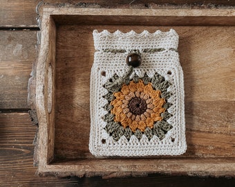 Sunflower Satchel Crochet Pattern - Drawstring Satchel Crochet Pattern - Flower Bag Crochet Pattern - Drawstring Pouch - Small Crochet Bag