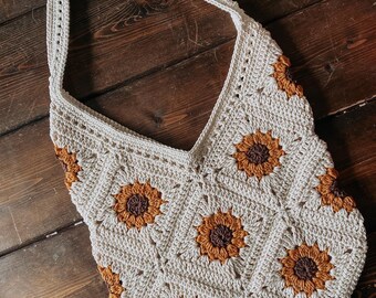 Crochet Tote Bag - Sunflower Bag - Sunflower Crochet Bag - Crochet Shoulder Bag - Hippie Hand Bag