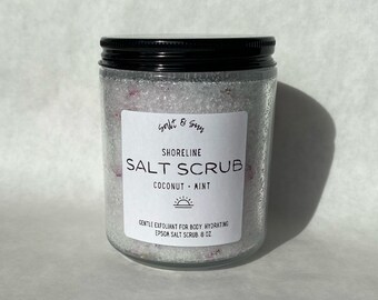 salt scrub | epsom salt | coconut | mint | lavender | lemon | relax | exfoliate | hydrate | pain relief | vegan